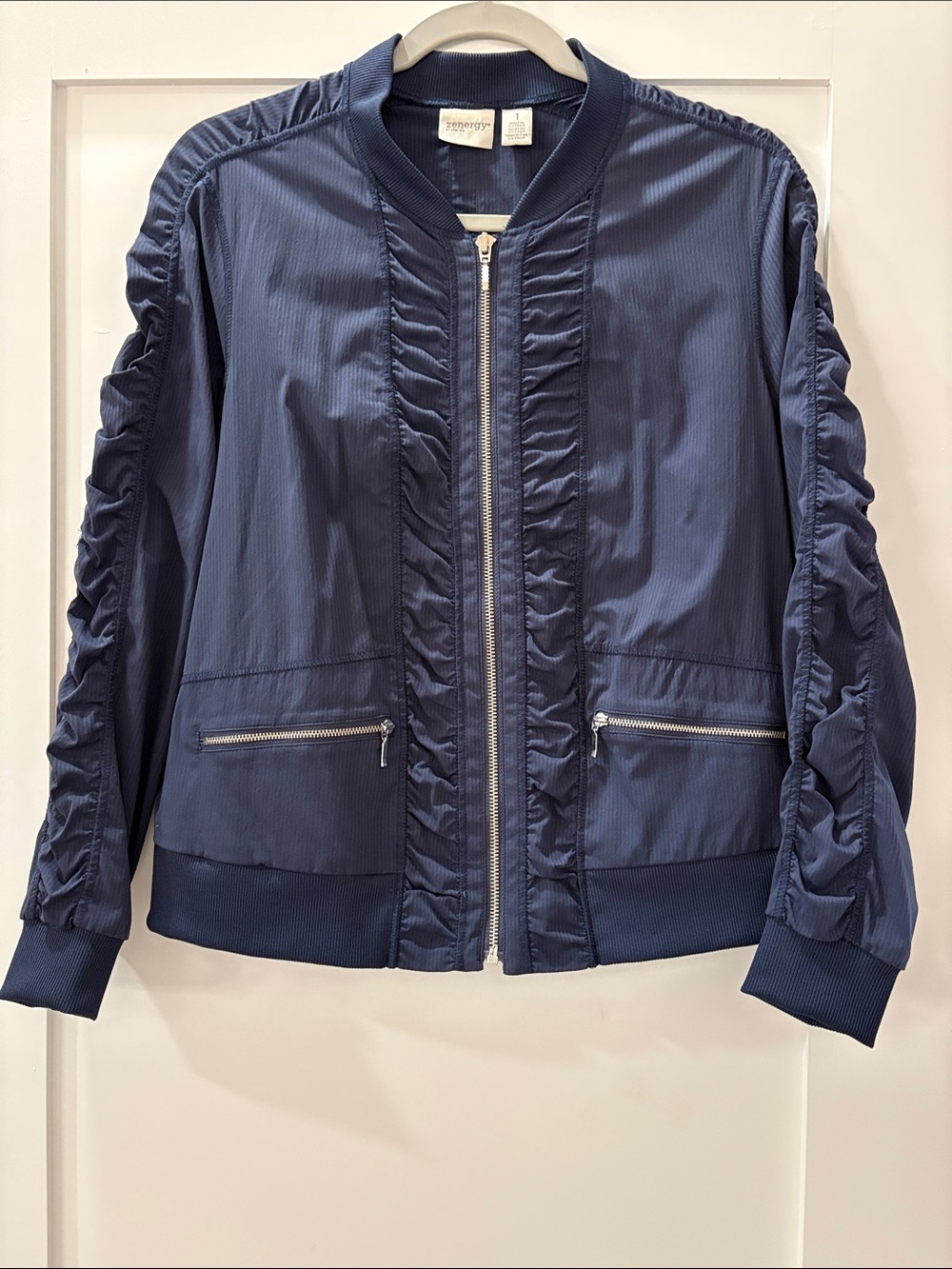 Chico's Zenergy Navy Blue Ruched Ruffle Front Zip Bomber Jacket Size 1/ Medium
